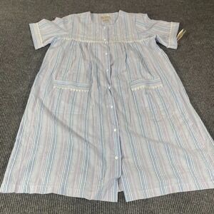 Intimate Essentials Pajama Night Gown Womens 1X Blue Striped Button Up Pockets